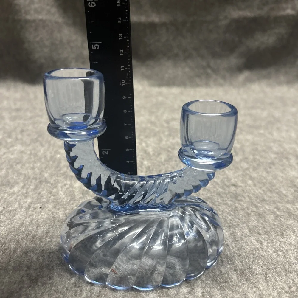 Vtg Double Offset Level Glass Taper Candlestick Holder Viennese Blue Twist Swirl